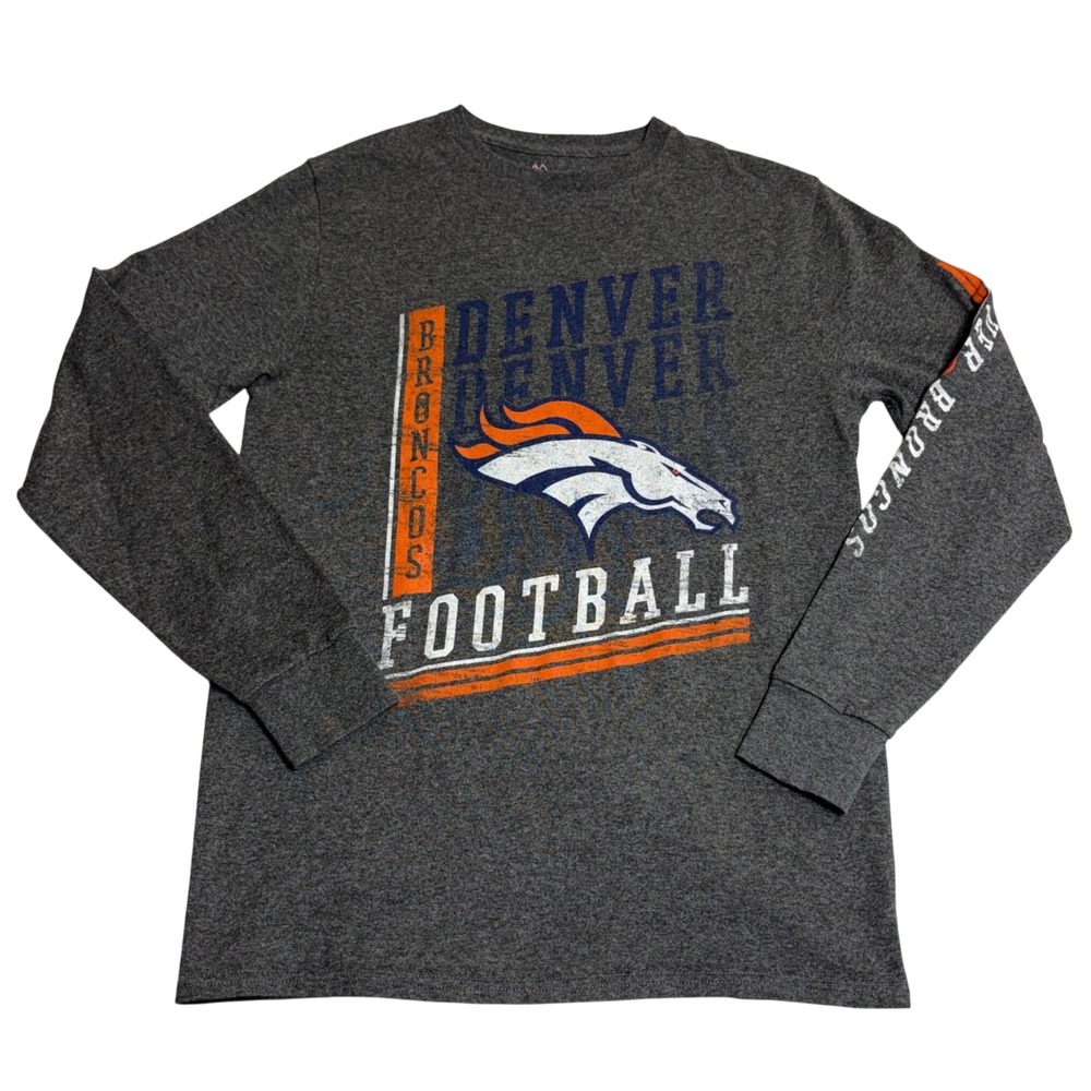Majestic Denver Broncos Football Shirt Mens Small Gray Long Sleeve Graphic Tee